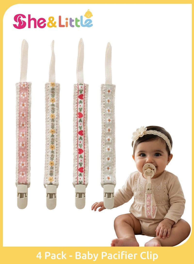 شي آند ليتل 4 قطع من مشبك اللهاية للأطفال بتصميم زهور عتيقة، حامل عضاضة مضاد للفقد، سلسلة لهاية متعددة الوظائف للأطفال الرضع - Image 1